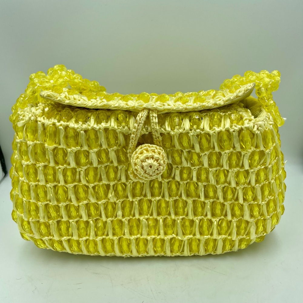 Vintage Gaymode Handbag 60's Yellow Raffia Straw Beaded Bag Purse Japan